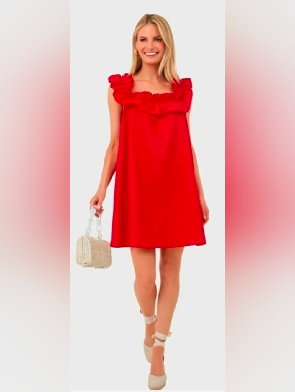 Bright Red Ruffle-Trim Shift Mini Dress